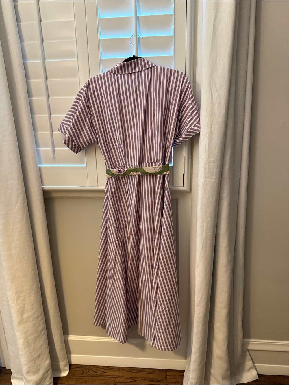 Striped Lavender Midi Shirt Dress with Floral Sash - Picture 4 of 4